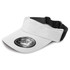 A black and white sports visor featuring a wide brim and an adjustable strap, with a logo displayed on the front.