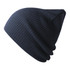A navy beanie made from recycled polyester, featuring a ribbed texture and a simple design with a logo.