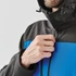 A men's hooded softshell jacket in black and blue, featuring a zippered front and adjustable hood.