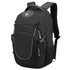 A black Swissdigital Stealth Vector Backpack featuring multiple compartments and zippers, with a side mesh pocket and logo.