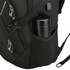 A black backpack featuring multiple zippered compartments and a side mesh pocket with a black drink bottle.