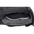 A black backpack featuring a grey compartment with a pair of black and white athletic shoes partially visible inside.