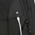 A black backpack featuring a textured surface and an external charging port with a white cable.