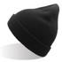 A black beanie made from recycled polyester, featuring a ribbed cuff and a pointed top.