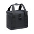 A cooler bag in dark grey with sturdy handles and a zippered closure, featuring a logo on the side.