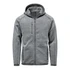 A grey full zip fleece hoody with a hood and zippered pockets, featuring a logo on the chest.