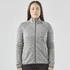 A women's full zip fleece jacket in grey with a high collar and long sleeves, featuring a logo.
