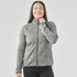 A women's full zip fleece jacket in grey, featuring a high collar and a fitted design. It has a logo on it.