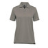 A women's short-sleeve polo shirt in grey, featuring a collar and a logo on the side.