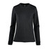 A black long-sleeve women's t-shirt with a fitted design and a logo.