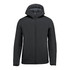 A black puffer jacket with a hood, featuring a front zipper and side pockets, and a logo on the left side.
