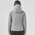 A women's grey puffer jacket with a hood, featuring a fitted design and visible stitching details on the back.