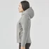 A women's puffer jacket in grey with a hood, featured from the side view. Includes a branding logo.