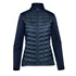 A women's softshell jacket in navy with a quilted front and a high collar, featuring a logo on the chest.