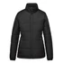 A women's black thermal puffer jacket with a zip closure and a high collar. It features a logo on the chest.