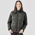 A black women's puffer jacket with a zip-up front and a classic design. It features a logo on the chest.