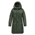 A women's puffer jacket in olive green with a hood, featuring a quilted design and a knee-length cut. 
