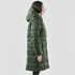 A women's puffer jacket in dark green with a hood, showcasing a side profile view.