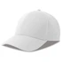 A white cap with a curved brim, featuring stitching details and a logo on the front.