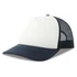A trucker cap with a white front panel and navy blue brim and mesh sides, featuring a logo.