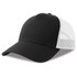 A black trucker cap with a solid front and white mesh panels at the back. It features a logo on the front.