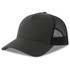 A black trucker cap featuring a solid front panel and mesh sides. It includes a logo on the front.