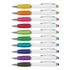 A collection of stylus pens with white barrels and vibrant coloured grips in various shades. Each pen includes a pocket clip.