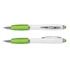 A stylus pen with a white barrel and green accents, featuring a retractable design and a clip.