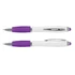 A stylus pen with a white barrel and purple accents, featuring a shiny silver clip and tip.