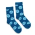 A pair of blue crew socks featuring light blue smiley face patterns. The socks have a logo on one side.