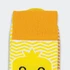 A pair of bright yellow and white knitted socks featuring a playful design and a branded logo.