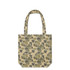 A tote bag featuring a camouflage pattern in shades of khaki and olive green, with sturdy handles and a rectangular shape.