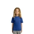 A blue kids' t-shirt with short sleeves displayed on a smiling child with curly hair. The shirt features a logo.