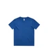 A blue kids' t-shirt with a round neck and short sleeves, featuring a logo on the tag.