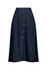 A navy women's skirt with a straight cut and a row of buttons down the front. It has a simple, elegant design.