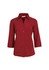 A red women's button-up shirt with 3/4 sleeves and a classic collar design. Features a logo on the label.