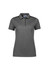 A women's short sleeve polo shirt in grey, featuring a classic collar and button placket, with a logo on the chest.