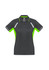 A women's short sleeve polo shirt in black with green accents and reflective details, featuring a logo.