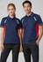 A navy and red short sleeve polo shirt featuring a logo, designed for women and men.