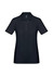 A women's polo shirt in navy blue with short sleeves and a three-button placket, featuring a logo.