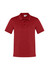 A red men's short sleeve polo shirt featuring a collar and three buttons, with a logo on the chest.