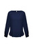 A navy women's boatneck top featuring long sleeves and a relaxed fit, with a small logo at the back.
