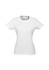 A white short sleeve women's t-shirt with a fitted design and a logo on the neckline.