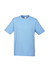 A light blue short sleeve tee shirt with a round neckline and a logo. Ideal for casual wear.