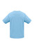 A short sleeve tee in light blue, featuring a simple design and a logo on the back.