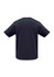 A black short sleeve tee with a straight cut, featuring a simple design and a logo on the back.