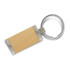 A wooden key ring with metal accents and a circular metal ring, featuring a natural wood finish.
