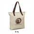 A beige tote bag with brown straps and a logo on the front. The bag has a spacious design for carrying items.
