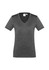 A women's short sleeve tee in dark grey, featuring a v-neck and a logo on the label.