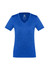 A blue women's short sleeve tee with a V-neck and a logo on the upper centre.